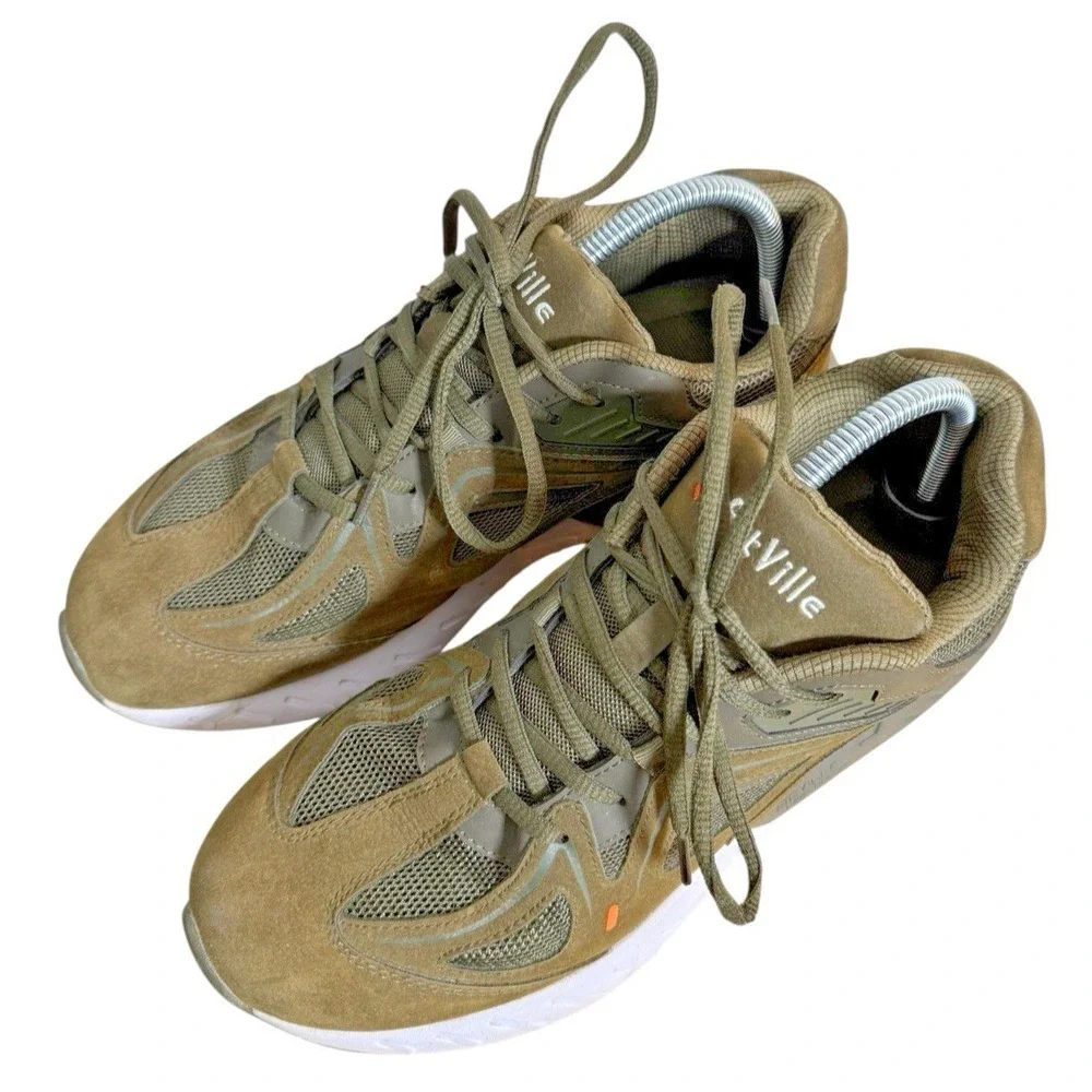 FitVille Marca Mens 9.5W Pre-Owned Running Shoes Olive Green Suede Trainers‎